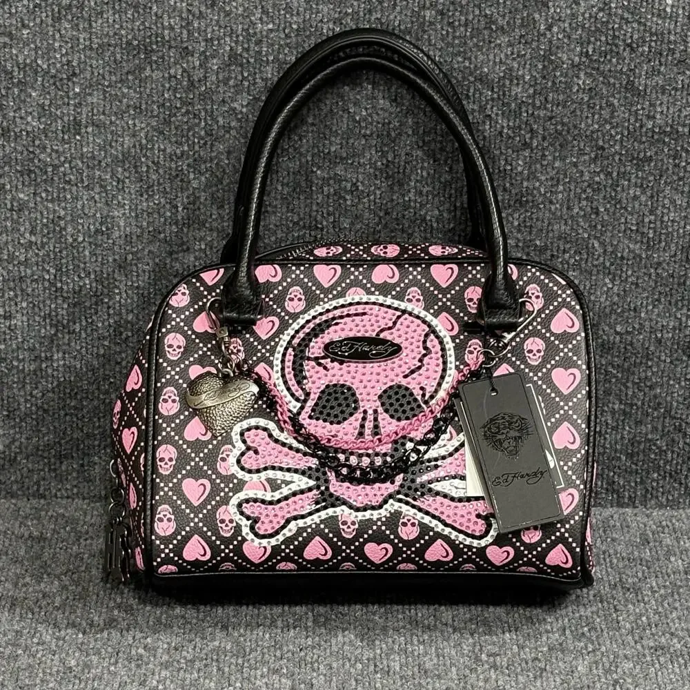 Ed Hardy Satchel Bag Womens Black Pink Skull Hearts Rhinestone Vegan NWT Rock